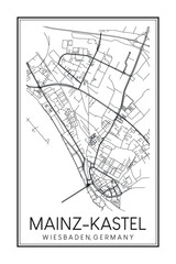 Hand drawn printable downtown road map poster of borough MAINZ-KASTEL of the German city of WIESBADEN on solid white background with city name