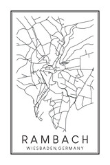 Hand drawn printable downtown road map poster of borough RAMBACH of the German city of WIESBADEN on solid white background with city name