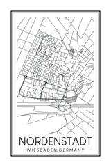 Hand drawn printable downtown road map poster of borough NORDENSTADT of the German city of WIESBADEN on solid white background with city name