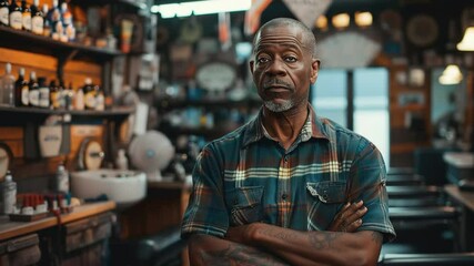 Proud black barber in his shop, arms crossed, vintage ambiance