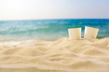 Soft golden sand under a clear blue sky on a hot summer day. Sunny beach sand with empty space for product placement – summer vacation concept. 