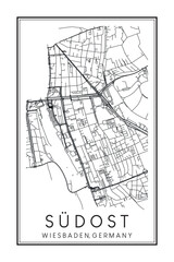 Hand drawn printable downtown road map poster of borough SÜDOST of the German city of WIESBADEN on solid white background with city name