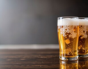 Two Glasses of Cold Refreshing Beer on Dark Wood Table Perfect for Brewery or Pub Advertisement