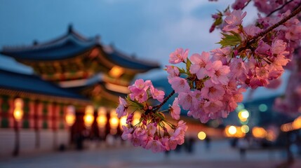 Cherry blossoms at Gyeongbokgung Palace in Seoul, spring bloom with lanterns and blurred palace