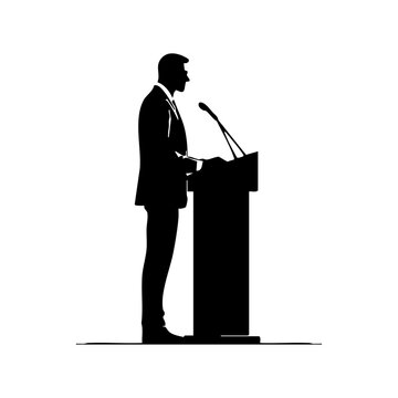 recommend clip art: Black silhouette vector of a speaker presenting at a podium.
                    Professional figure giving a public speech or presentation.
                    
                    
                    