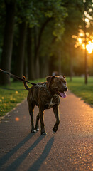 Dog on Leash Walking at Sunset in Park