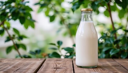 Fresh Milk Bottle on Rustic Wooden Table Outdoors A Healthy Drink in Nature
