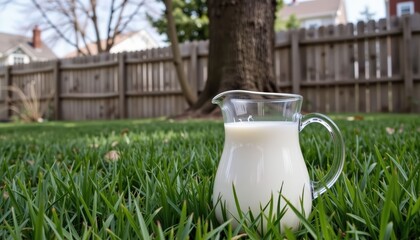 Fresh Milk in Glass Pitcher on Green Grassy Lawn in Backyard