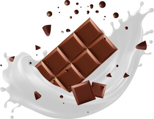 Dynamic composition of a chocolate bar breaking into pieces, surrounded by a splash of white milk or cream, promotions, dairy products, dessert advertisements, or sweet treat concepts