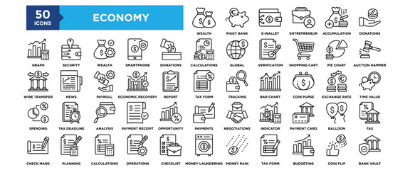 50 Economy icon set. Containing design business, concept, financial, currency, economic, finance, banking	