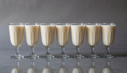 Six Glasses of Creamy Beige Beverage Lined Up on a Reflective Surface