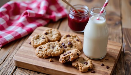 Delicious Chocolate Chip Cookies and Milk on Wooden Board