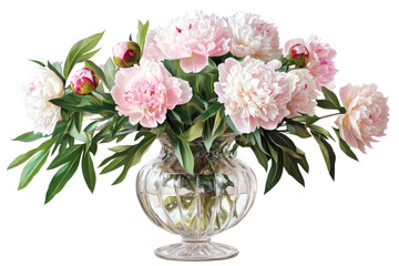 Elegant floral arrangement of pink peonies with lush green leaves in a clear glass vase, ideal for home decor, weddings, celebrations, and sp floral displays