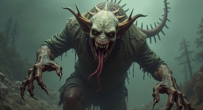 Monstrous Horned Humanoid in Eerie Foggy Forest, Dark Fantasy Illustration