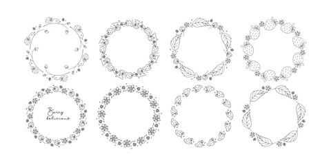 Obraz premium Round Strawberry Festival frames in Doodle sketch. Strawberries wreaths with berries and flowers and leaves. Vector sweet berries organic food for dessert menu, invitation, greetings. Fruit Borders