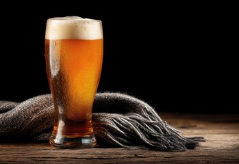 Tall foamy beer in a chilled pint glass on rustic wood with a gray wool scarf, ideal for winter beverage ads, seasonal bar decor, or cozy pub-themed campaigns