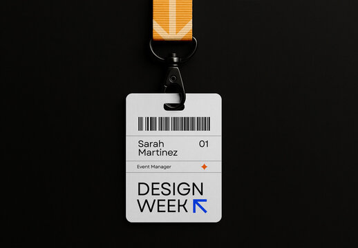 ID Card Badge Mockup &ndash; Realistic PSD Template with Vertical Name Tag on Black Background for Event Manager Identification, Staff Access Pass, or Branding Display