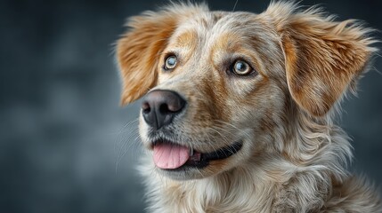 Close-up portrait of a fluffy, light brown and white dog with large, expressive light brown eyes, gazing intently with slightly floppy ears and soft, well-groomed fur. The dog has a friendly, relaxed 