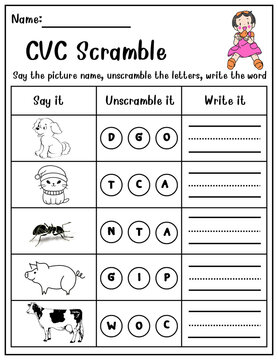 CVC Word Scramble Worksheet for Kids &ndash; Unscramble and Write
