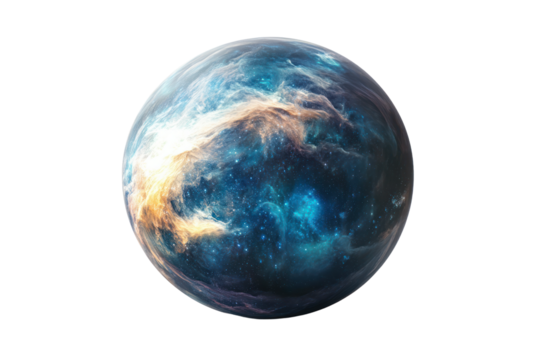 Beautiful Earth globe model with realistic universe nebula and galaxy patterns showcasing cosmic space and planetary surfaces in vibrant blue and golden tones