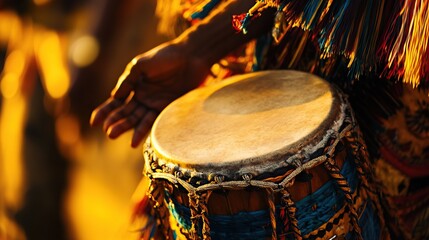 Close up of hands playing djembe drum