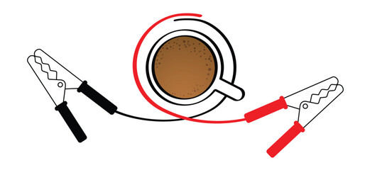 Cup of coffee time. Give yourself extra energy today. Jumper cable or jumper lead for car. Booster cable icon. Plus and minus poles. Battery jumper power cables. Jump start, charging battery sign.