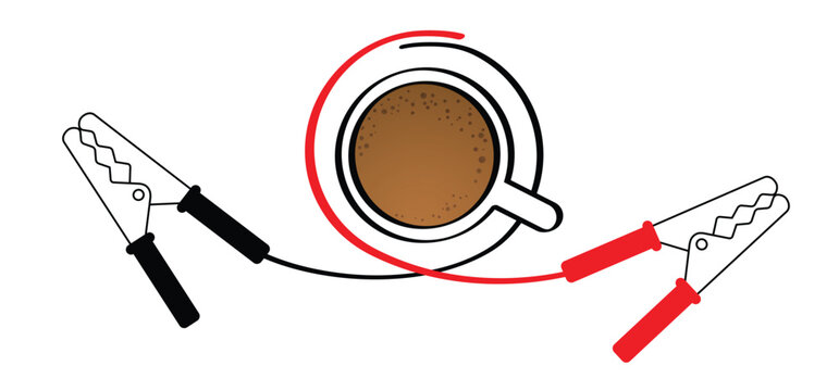 Cup of coffee time. Give yourself extra energy today. Jumper cable or jumper lead for car. Booster cable icon. Plus and minus poles. Battery jumper power cables. Jump start, charging battery sign.