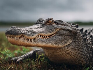 Fototapeta premium An American alligator in its natural habitat, surrounded by marsh plants and water.