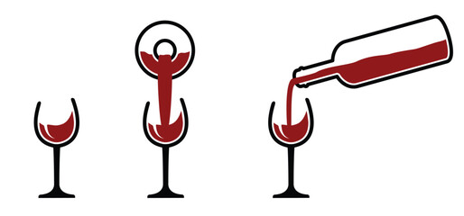 Time to drink. Red wine with wine glass, wine bottle. Enjoy and chill, just relax, cheers. Funny wineglass toasting. Happy weekend party idea concept. Pouring a glass of wine.