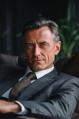 Man in suit and tie posing with hands behind head.