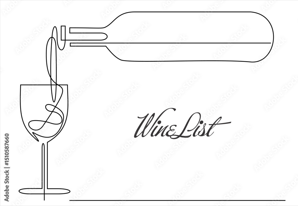 Poster continuous one line drawing of wine glass and bottle. drink in cup in linear style. editable stroke.
