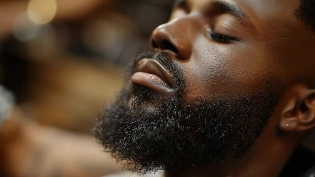 Close-up of black man in barbershop, sharp focus on beard.