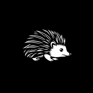 Detaillierte Schwarz-Wei&szlig;-Zeichnung eines Igels auf dunklem Hintergrund, perfekt f&uuml;r Naturmotive, Waldthemen oder Kinderillustrationen.