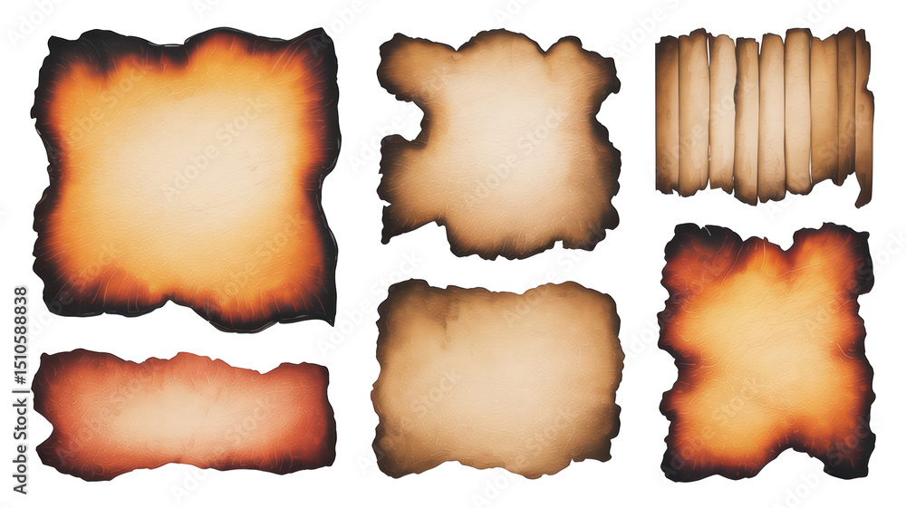 Poster six burning old paper sheets with various shapes and burn levels are displayed on a transparent back