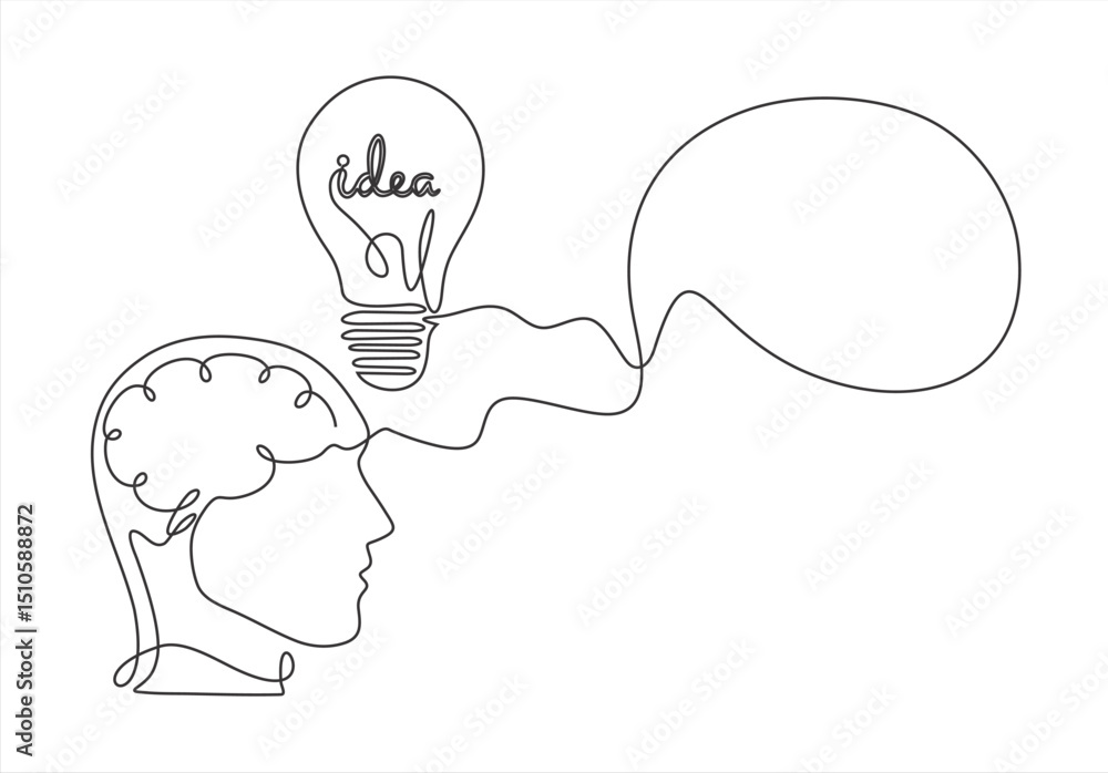 Poster simple graphic icon representing the concept of an idea. human head silhouette with lightbulb icon. 