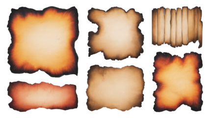 Six burning old paper sheets with various shapes and burn levels are displayed on a transparent background, offering versatile design elements for creative projects