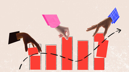 Fair Share. Diverse hands in colored sleeves equally divide pie chart symbolizing teamwork, balance and inclusion. Surreal business collage. Concept of teamwork, diversity, DEI strategy