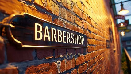 Illuminated barbershop sign on a brick wall at dusk