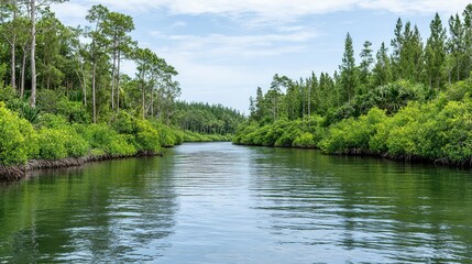 Tranquil waterway lined with lush greenery.