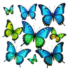 Colorful Butterflies in Various Shades of Blue and Green, Capturing Nature's Beauty and Diversity on transparent background