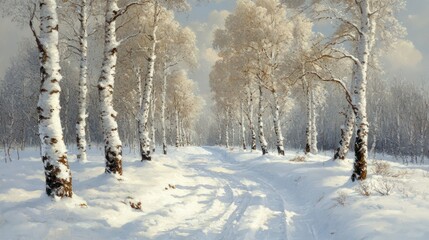 Snowy birch trees line a winter path