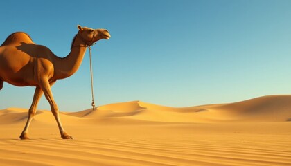 Majestic camel trekking through the rippled expanse of the Sahara desert