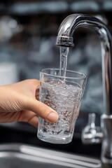 Hand of a person filling glass with water from the tap in kitchen room, Water tap filling a glass with purified water, Purified water, Healthy hydration, Everyday life, Drinking tab water concept