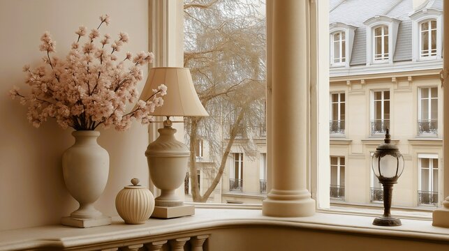 Elegant parisian interior windowsill styling with Classical column cherry blossom arrangement ceramic vases table lamp overlooking traditional haussmann architecture. 