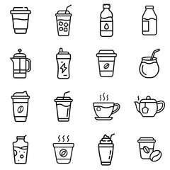 Hot Drinks, Milk, Soft Drinks & Other Outline Line Icons Set – Clean & Simple Line Icons for Beverage Variety
