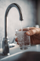 Hand of a person filling glass with water from the tap in kitchen room, Water tap filling a glass with purified water, Purified water, Healthy hydration, Everyday life, Drinking tab water concept