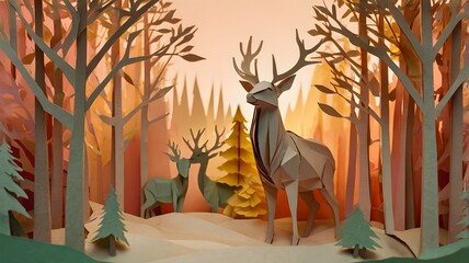 Paper art deer in autumn forest scene