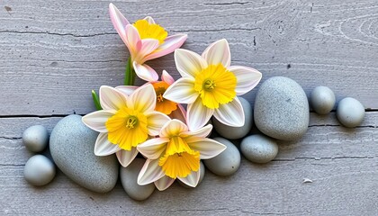 Delicate narcissus blossoms and smooth grey stones artfully arranged on a weathered grey board, spring, background