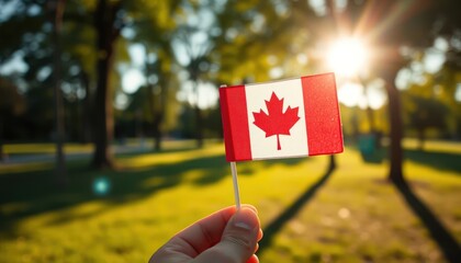 Celebrating Canadian Identity: Hand Holding Flag in Sunlit Park Setting