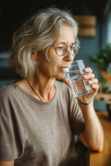 Mature woman drinking a glass of water for hydration, with a wellness, diet and healthy lifestyle enjoying a fresh aqua drink while relaxing at home. Healthy hydration, Everyday life
